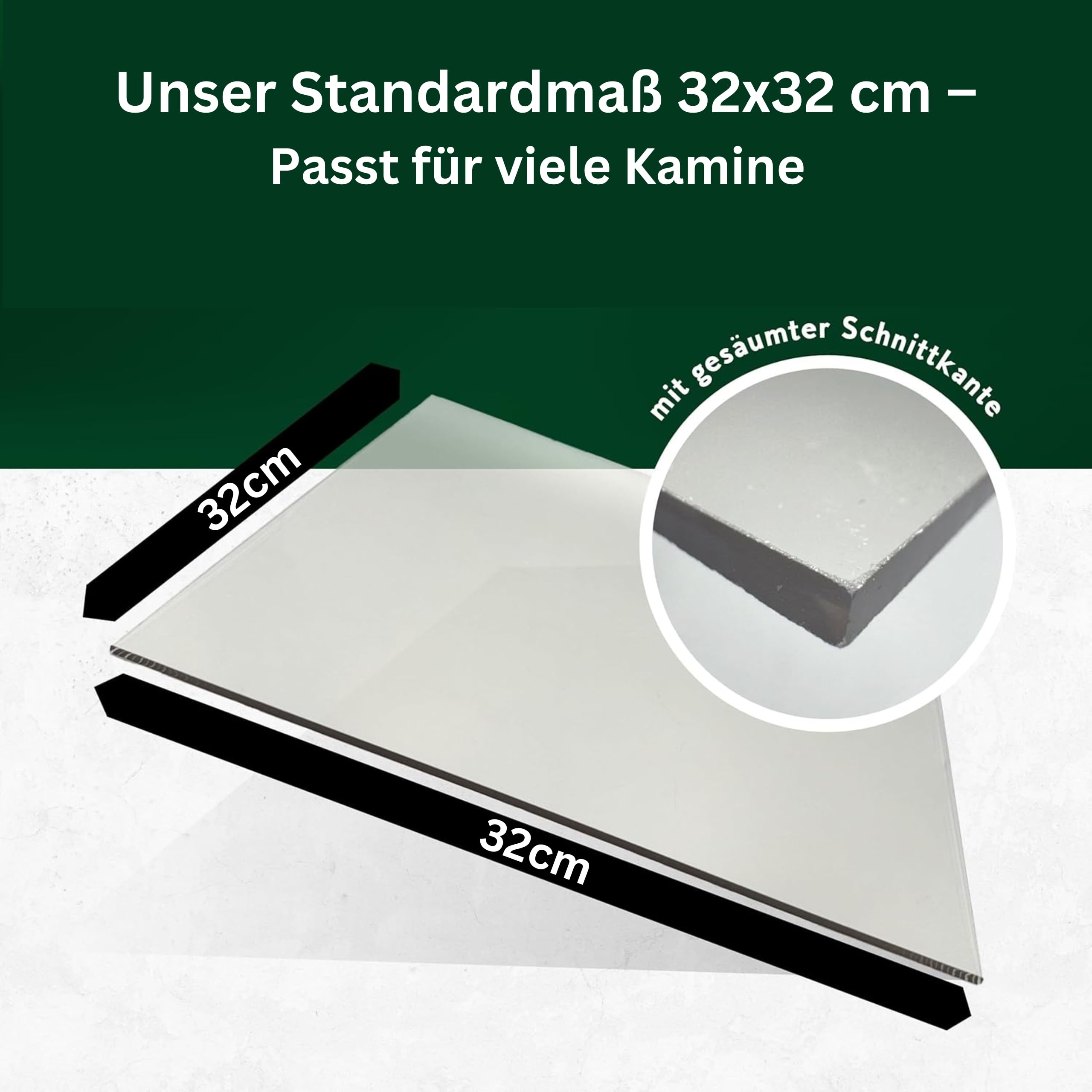 ROBAX Premium Kaminglas 4mm von Schott – 32x32cm Kaminscheibe/Ofenglas – Feuerfestes Glas bis 800°C als Ofenscheibe Ersatz für Kaminofen – Optional mit Ofendichtschnur & Kleber