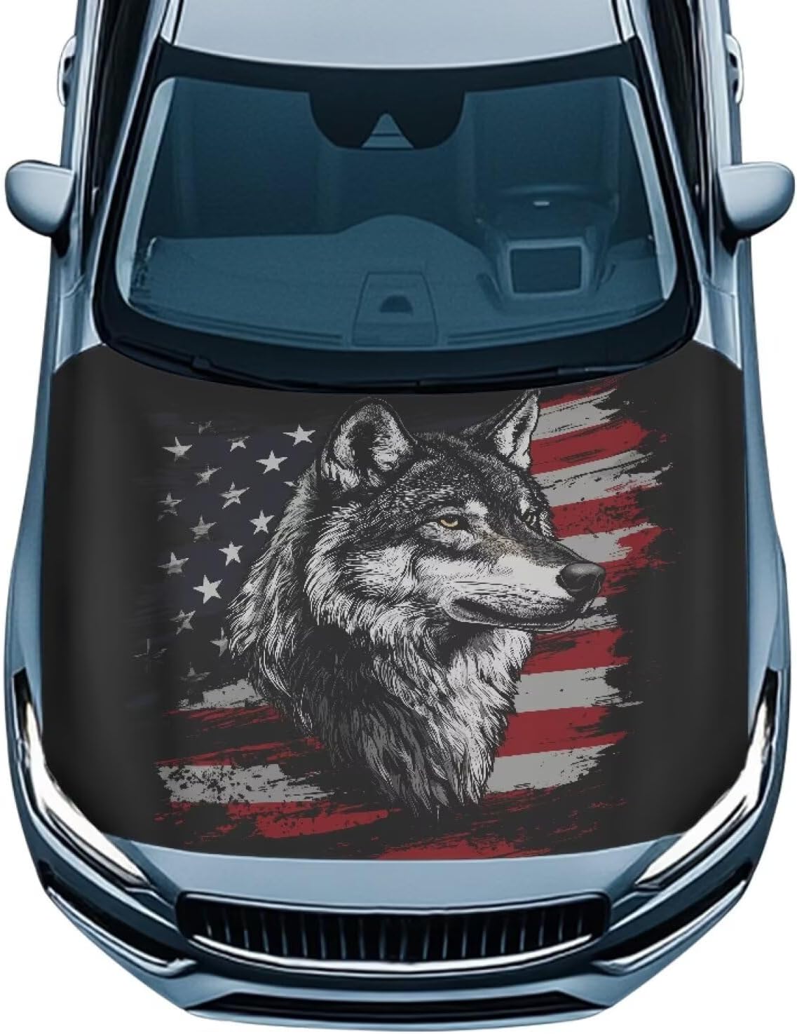 Horeset Car Hood Cover American Flag Wolf Car Hood Protector for Travel Vacation Decorative Wrap Blanket Automotive Exterior Accessories Elastic with Adjustable Straps