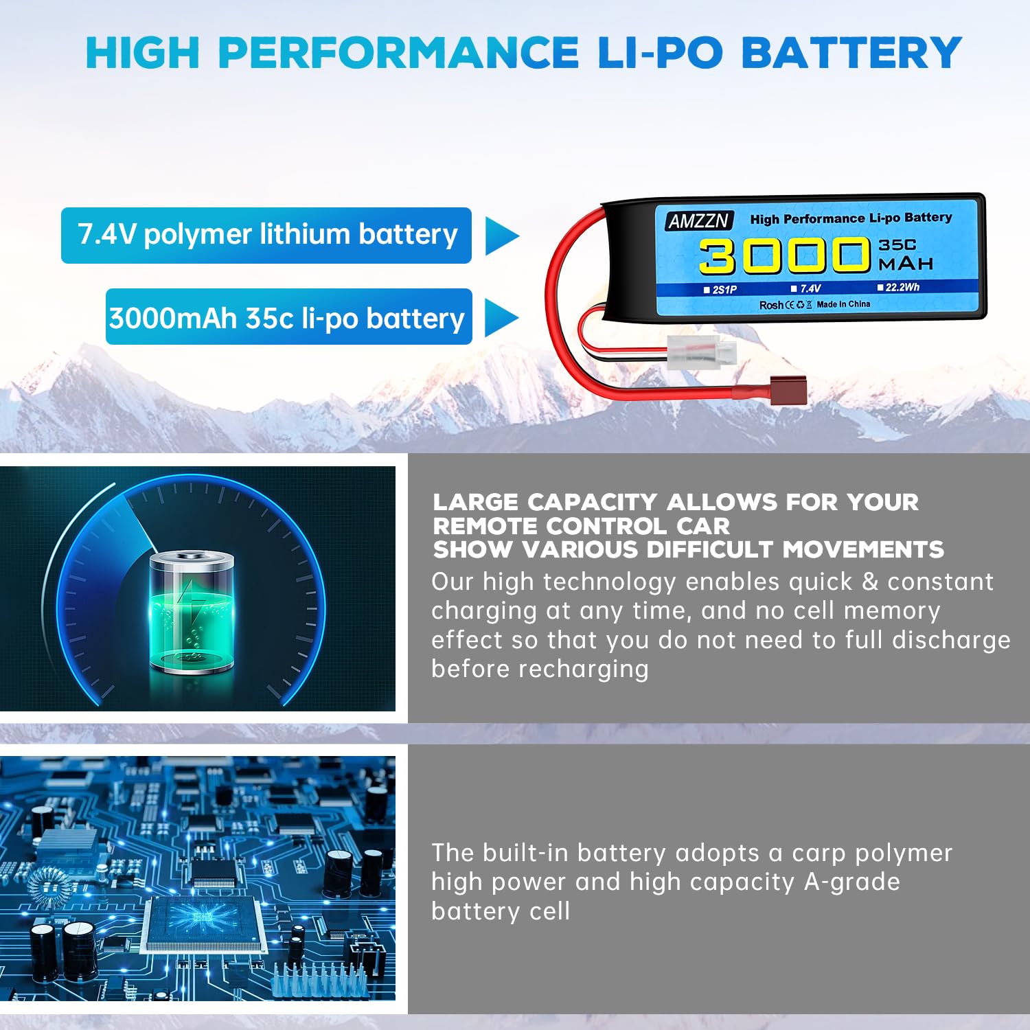2 Stück 2S T-Stecker Lipo Batterie 7.4 V 3000mAh 35C mit USB-Ladekabel für RC Auto, LKW, Automodelle, ferngesteuerte Schiffe, RC Quad-Rotor, FPV-Drohnenbatterien