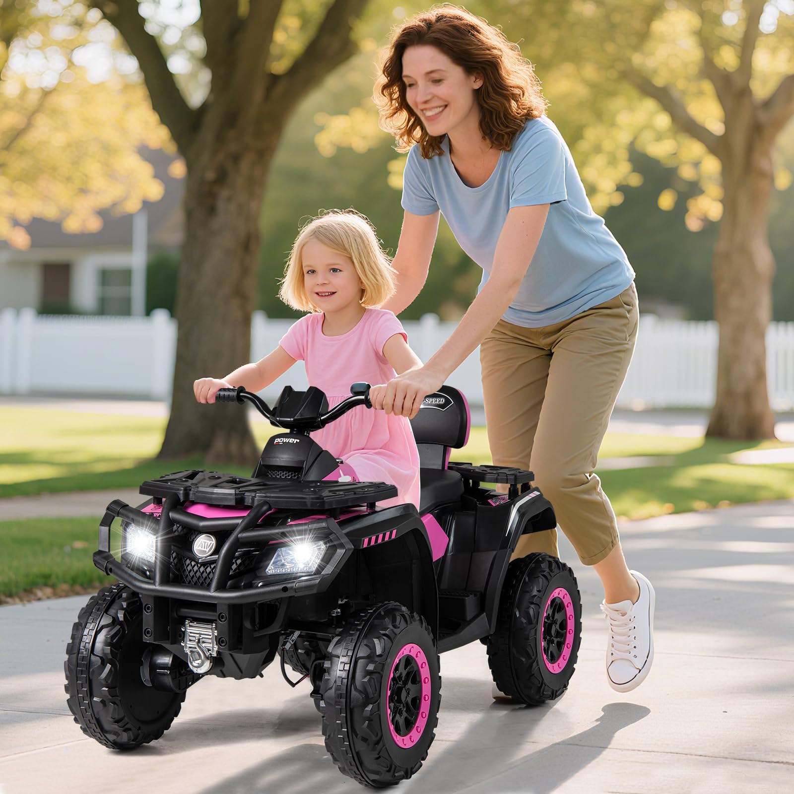 COSTWAY 24V Quad Elettrico per Bambini a 2 Posti, Macchina Elettrica per Bambini 3-8 Anni con 4 Motori, 4 Ruote Antiusura, Luci LED e Musica, Avvio Morbido e 2 Velocità Regolabili, 3-8 km/h (Rosa)