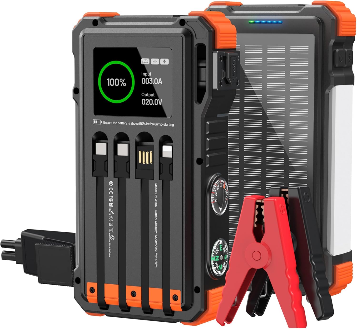 Photo voltaic Energy Financial institution 12000.0 mAH, 45W Quick Charging with 4 Constructed-in Cables & Automotive-Grade Cells, Soar Starter, 12V Battery Booster Pack with Good Show,Reward for Males, Orange