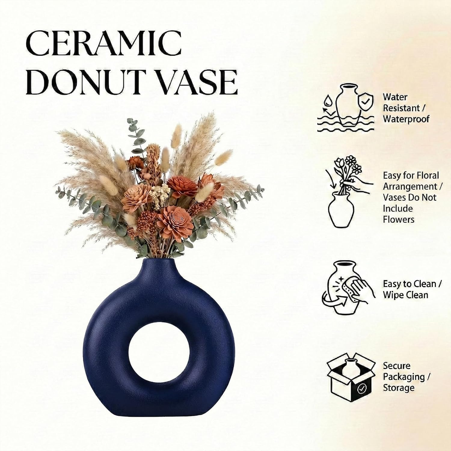 Navy Blue Vase Decor Donut Vase Set of 2 - Circle Hollow Vases, Modern Matte Ceramic Vases for Entryway Living Room Bedroom Dining Table Centerpiece Office Home Decor