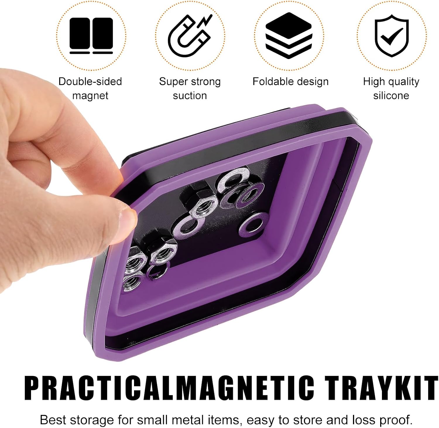Yourkar Collapsible Magnetic Parts Tray, 4.5 Inch Foldable Magnetic Square Silicone Tray, Tool Tray Set with Double-Sided Magnetic Base for Screw Bolts Nuts Pins, Car Accessories (Purple)