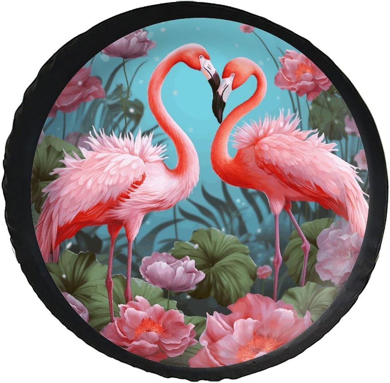 28"-34" Thickening Spare Tire Cover Flamingo Love Flowers Waterproof Leather Tire Wheel Cover for Trailer Jeep RV SUV