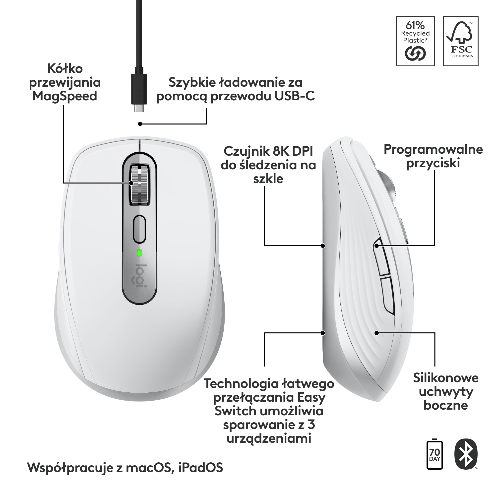Logitech MX Anywhere 3S for Mac, kompaktowa bezprzewodowa mysz Bluetooth, sensor 8K DPI działający na każdej powierzchni, ciche kliknięcia, USB C, mysz bezprzewodowa do MacBooka, iPada - Jasnoszara