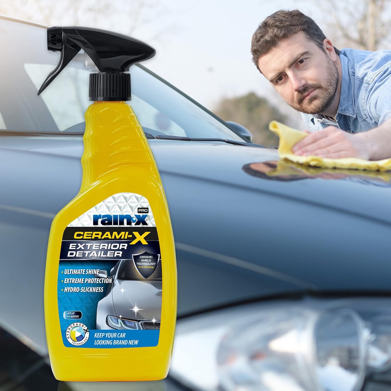 Rain-X Cerami-X Detailer Premium – Recubrimiento Cerámico de Alto Brillo – Protección Duradera Contra Intemperie y Rayos UV – Efecto Hidrofóbico y Sin Rayas + Paño de Microfibra– 750 ml