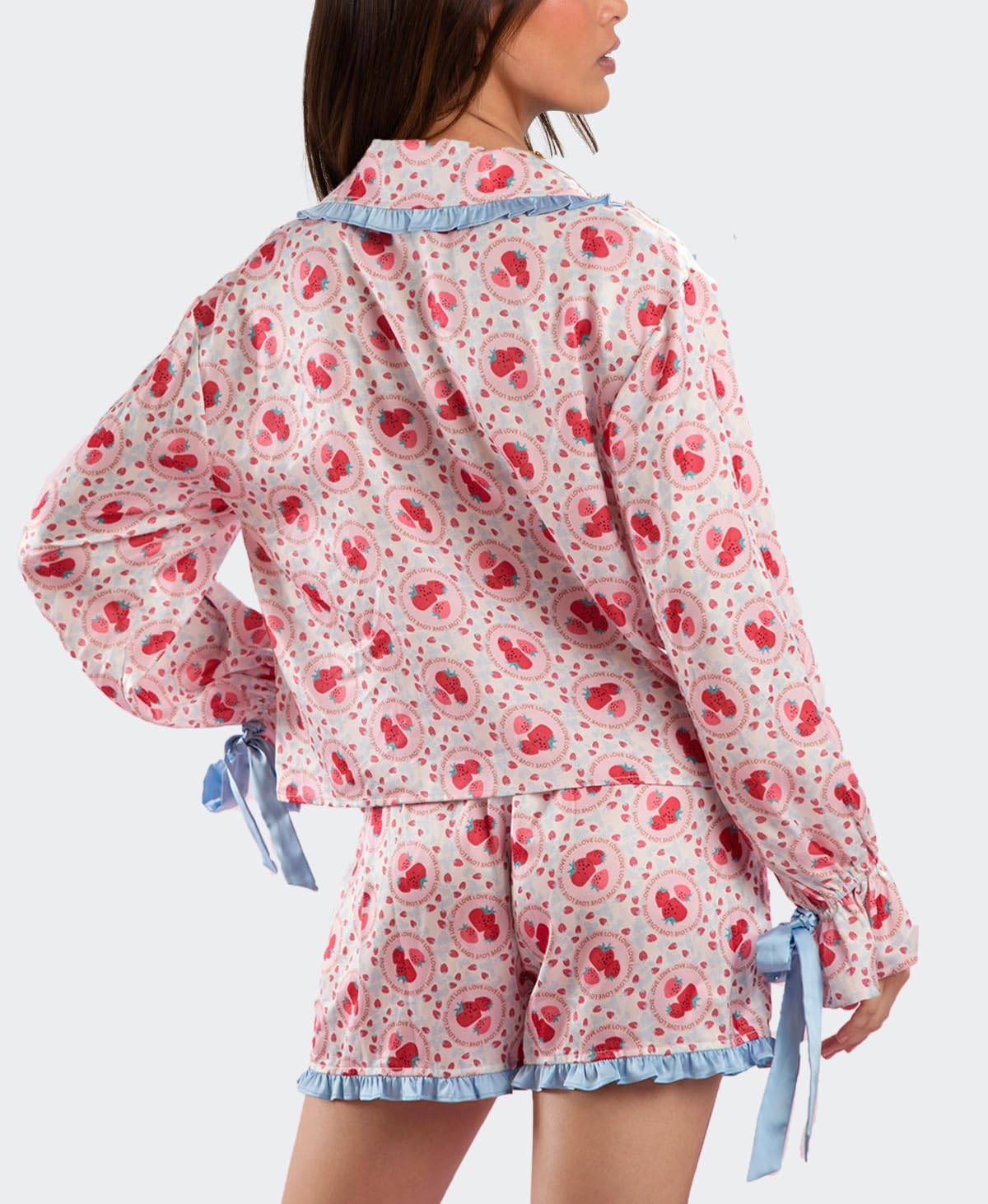 LILTWIST Cute Bow Pajamas for Women Silk Satin Y2k Floral Print 2 Piece Pjs Bow Tie Long Sleeve Shirt and Ruffle Shorts Sets - Image 2