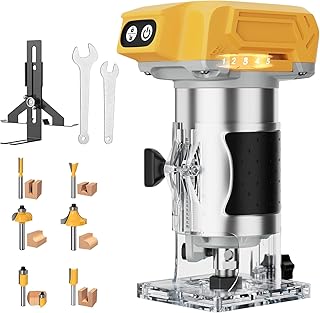 Cordless Router Tool for De-Walt 20V Battery, 800W Brushless Motor Wood Router with 5 Variable Speeds, Plastic Base & 6 PCS 1/4"Router Bits, Handle Wood Trimmer Set for Woodworking(NO Battery)