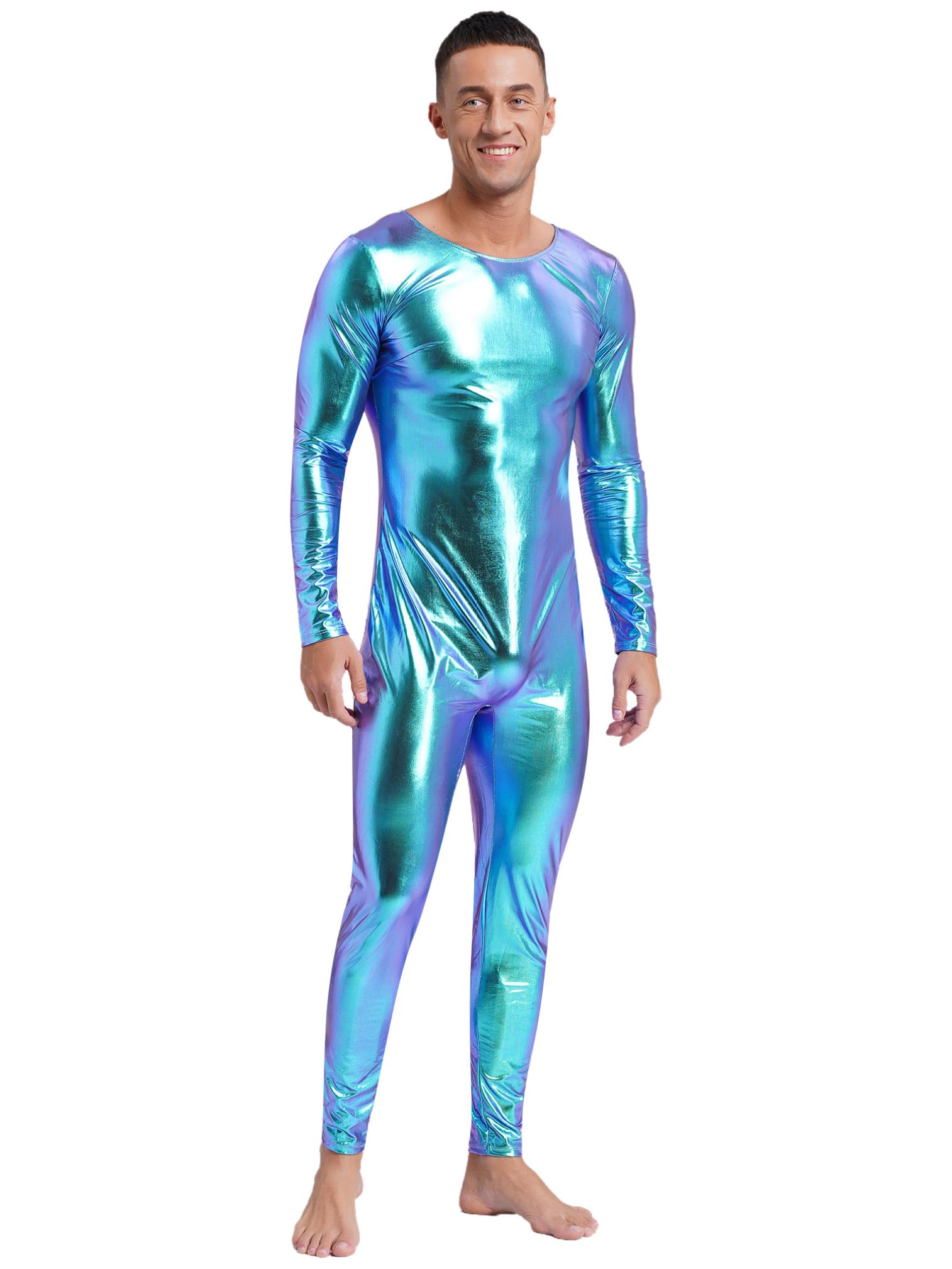 ranrann Homme Body Métallique Justaucorps Danse Manches Longues Combinaison Bodysuit Jumpsuit Unitard Clubwear
