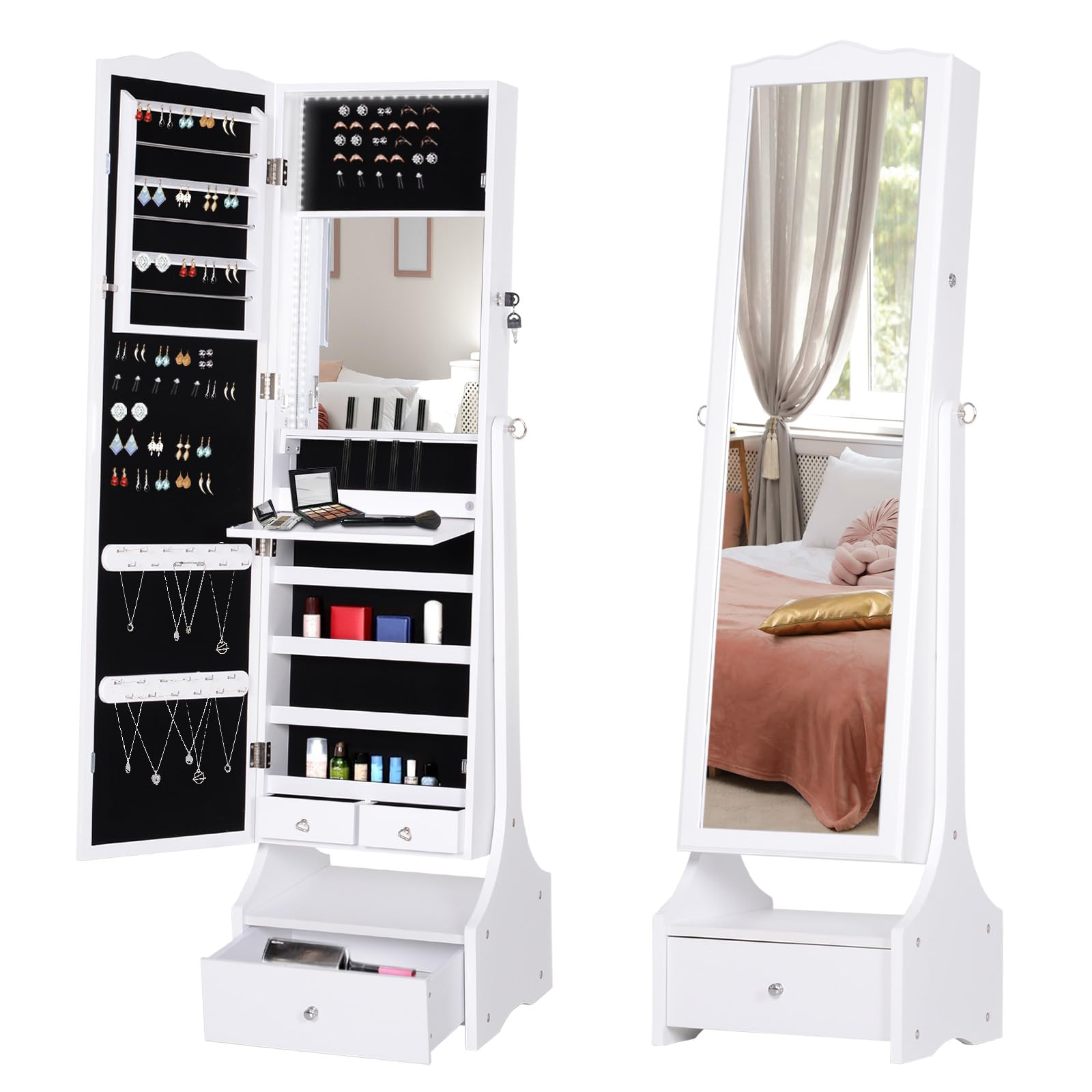 HOMCOM LED Long Mirrored Jewelry Cabinet Armoire Floor Standing Organizer in White