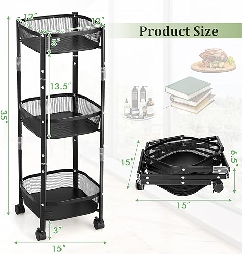 Miniatura 7 de PETSITE Carrito de almacenamiento plegable carrito cuadrado de metal de 3 niveles organizador de almacenamiento de cocina carrito de estantería