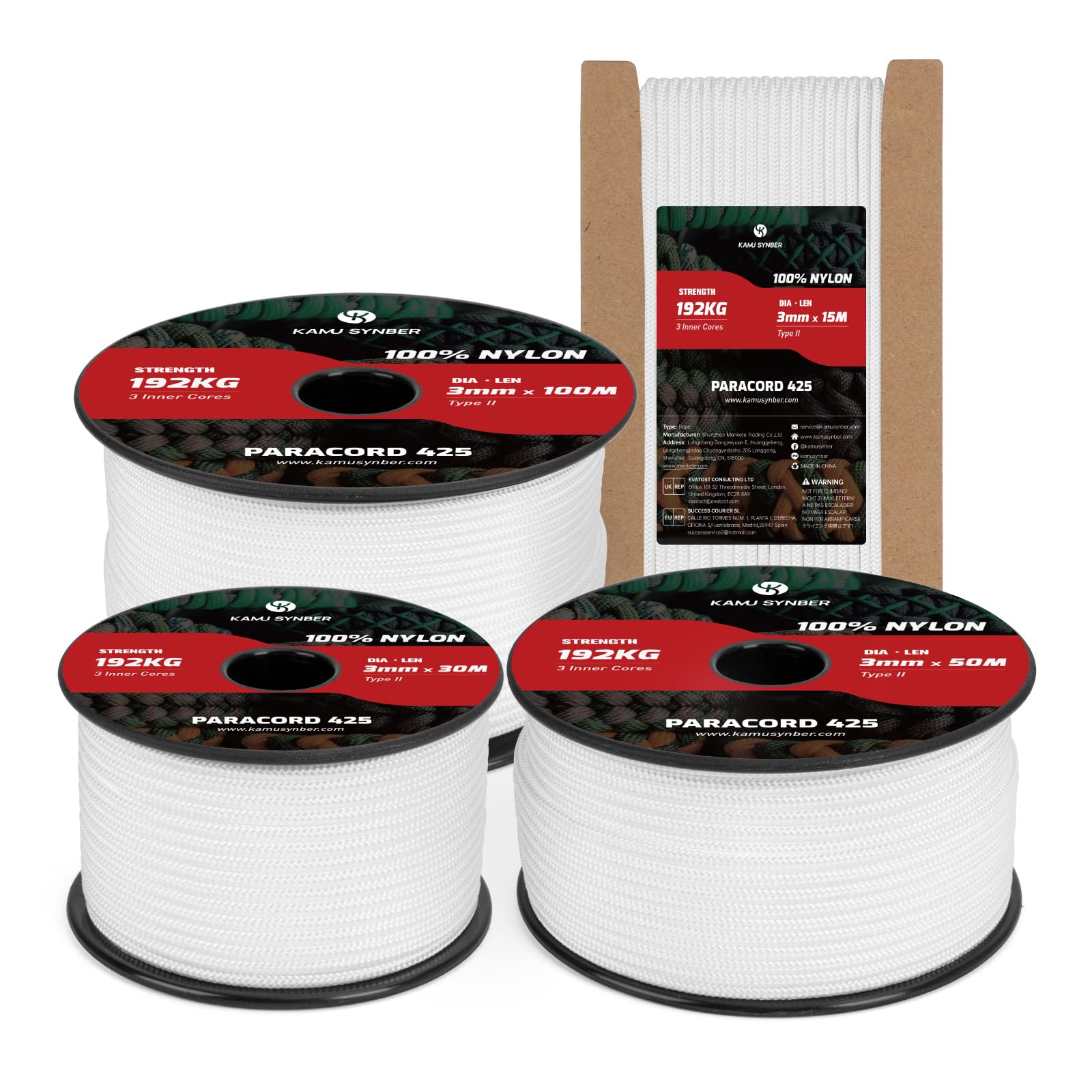 Kamu Synber 425 Paracord 3mm x 15m 100% Nylon Rope 3 Strands Parachute Cord Type II for Outdoor, Crafting, DIY | Support 192kg | White