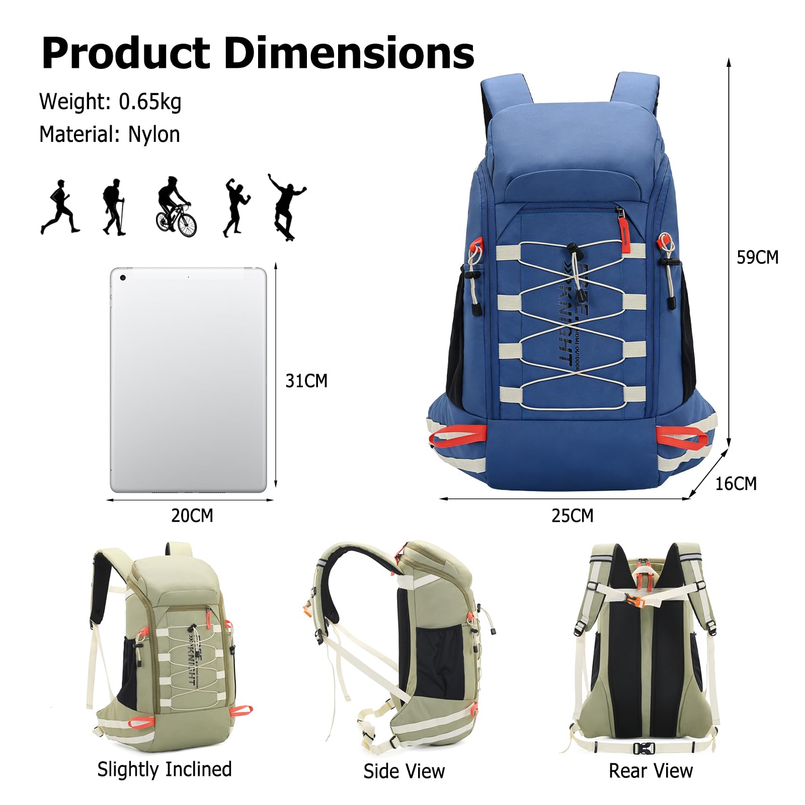 Sac à Dos de Randonnée Outdoor 40L Daypack Imperméable Grand Sac à Dos de Camping Backpack Nylon Léger pour Femmes Hommes Voyage Trekking Escalade Bleu