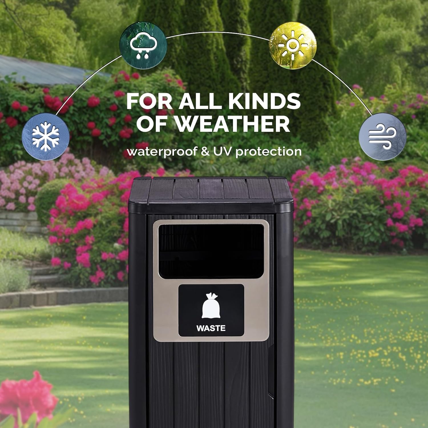 VINGLI 21 Gallon Outdoor Trash Can with Front Throw Opening, Black PP Resin Garbage Bin with Access Door for Easy Bag Change, Waterproof Patio Waste Container for Backyard, Deck, Porch, Garden