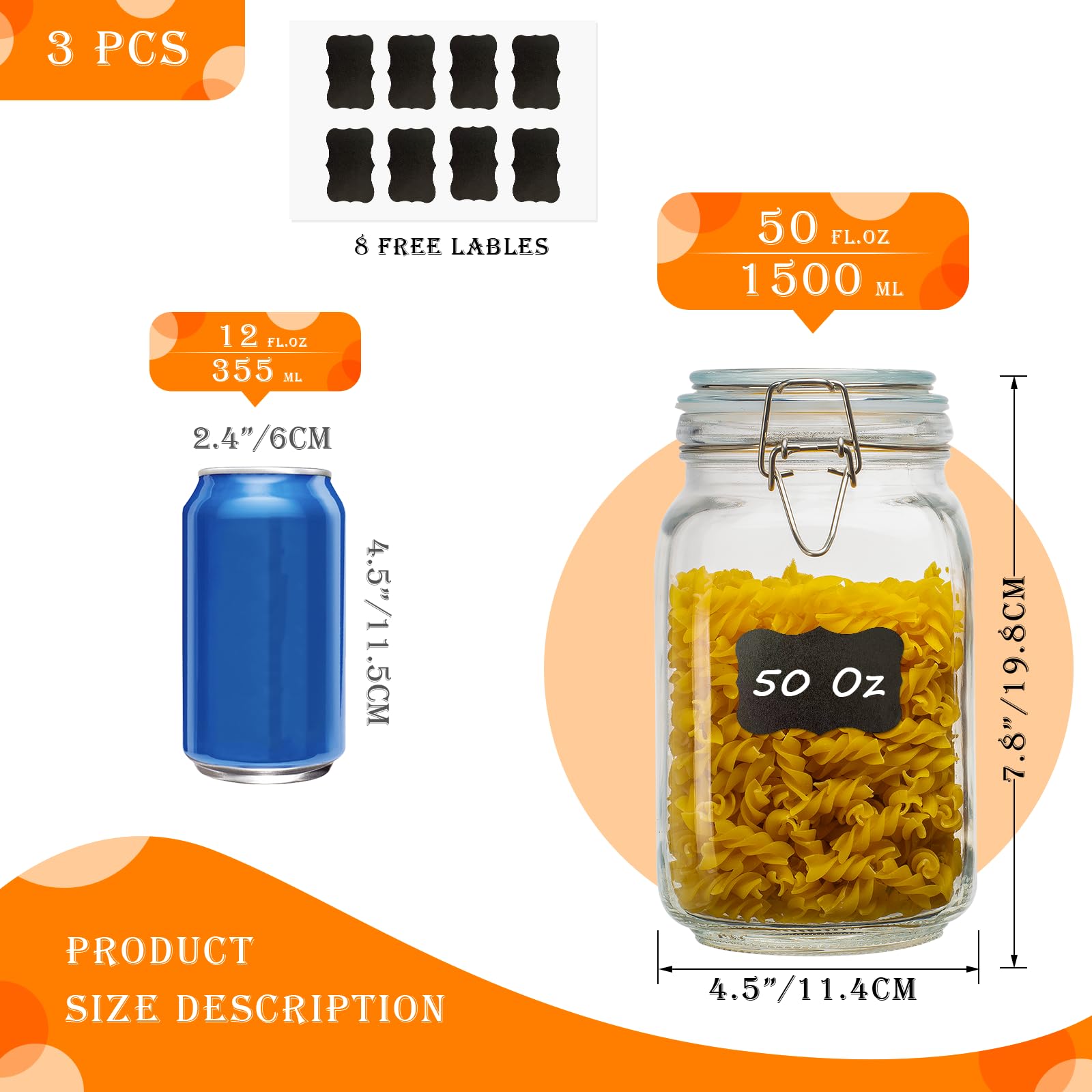 Quadratische Vorratsdosen aus Glas mit luftdichten Klemmdeckeln, 1,5 l, 3 Stück, große Küchenbehälter für Mehl, Müsli, Kaffee, Nudeln und Einkochen, Einmachglas (transparent, quadratisch, 3
