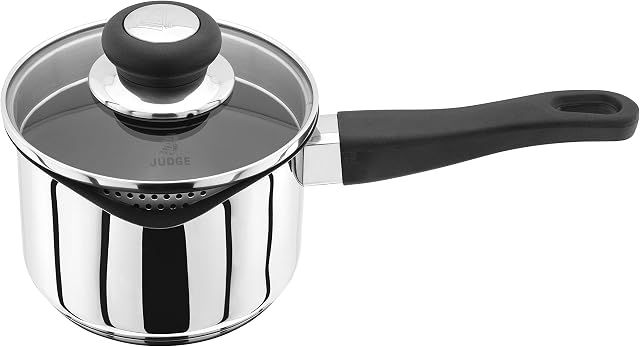 Judge Vista Draining J304EA Medium Stainless Steel Non-Stick Saucepan with Pouring Lip 14cm 1L, Shatterproof Glass Strain & Pour Lid, Induction Ready, Oven Safe, 25 Year Guarantee