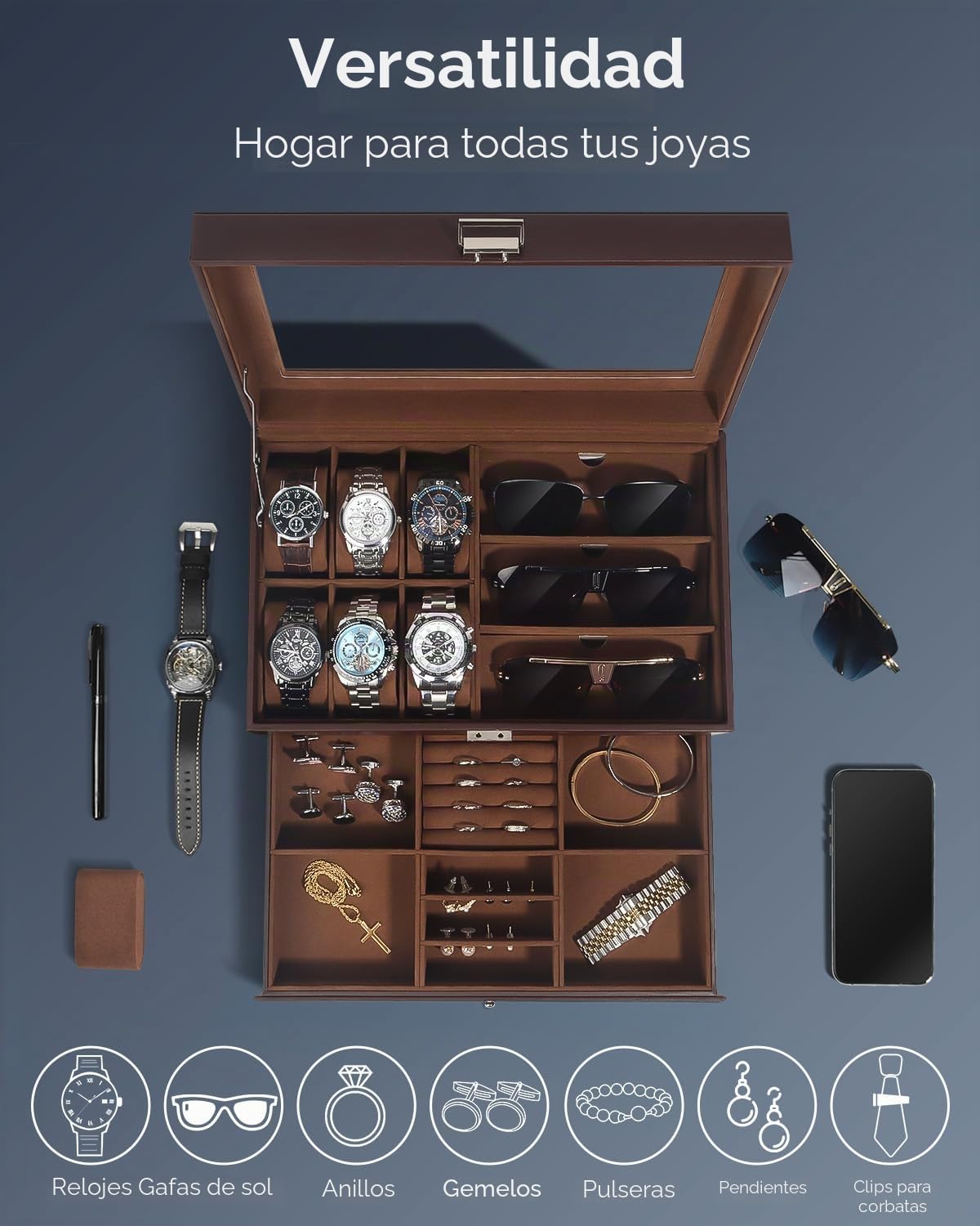 Kukikan Joyero organizador de relojes, caja de reloj y gafas de sol con tapa grande de cristal, 6 ranuras y 2 capas, joyero para hombre con cerradura, soporte para reloj, regalo para hombres y mujeres