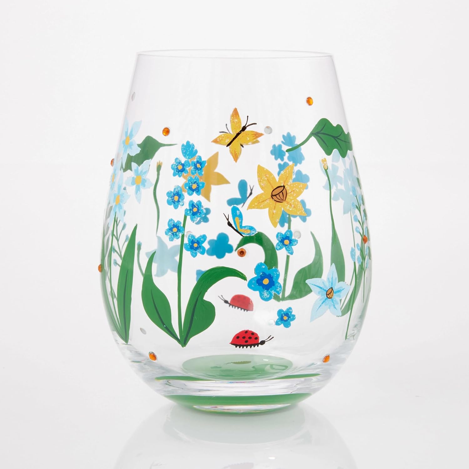 Enesco Lolita Meadow of Floral Fields Hand-Painted Artisan Stemless Wine Glass, 20 Ounce, Multicolor