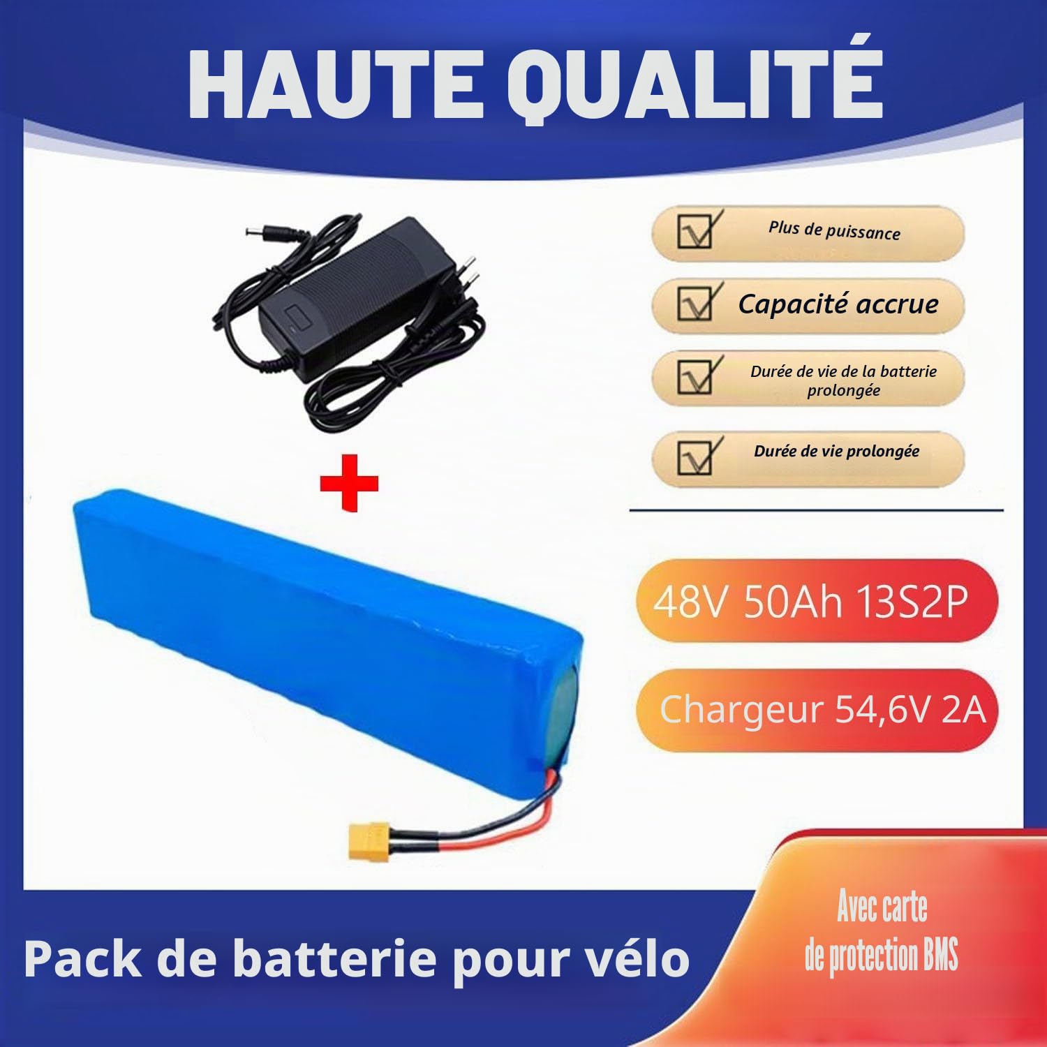Batterie 48V 50Ah pour Vélo Électrique 1000W 750W 500W Batterie Ebike Batterie Velo Electrique avec Chargeur 54,6 V 2 A Batterie Trottinette Électrique