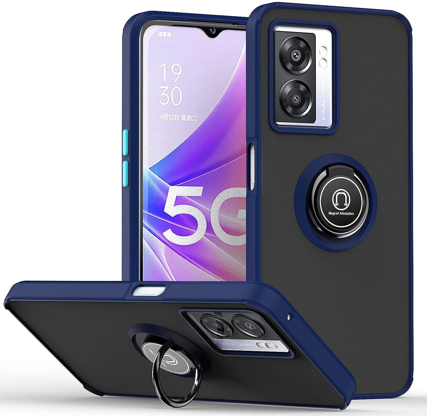 Case For OPPO A57 / OPPO A77 4G/5G / OnePlus Nord 300 Rotational Metal Ring Grip Kickstand Cover Magnetic Car Mount Holder Case Shockproof TPU Bumper Anti Scratch Case (Blue)