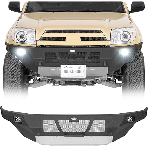 Hooke Road 03-09 4Runner Grizzly Front Bumper for 2003-2009 Toyota 4Runner 4th Gen, Full Width Design for Street Driving & Trail Protection, Sturdy Steel Bumper with Skid Plate, LED Lights