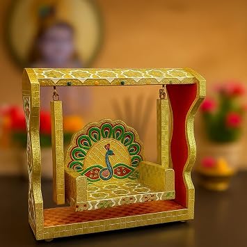 RSN Wooden Handicraft Peacock Meenakari Jhula for Laddu Gopal/Bal Gopal Idol/Krishana Jhula/Jhoola/Laddu Gopal for Home Temple 8.5 inch|White