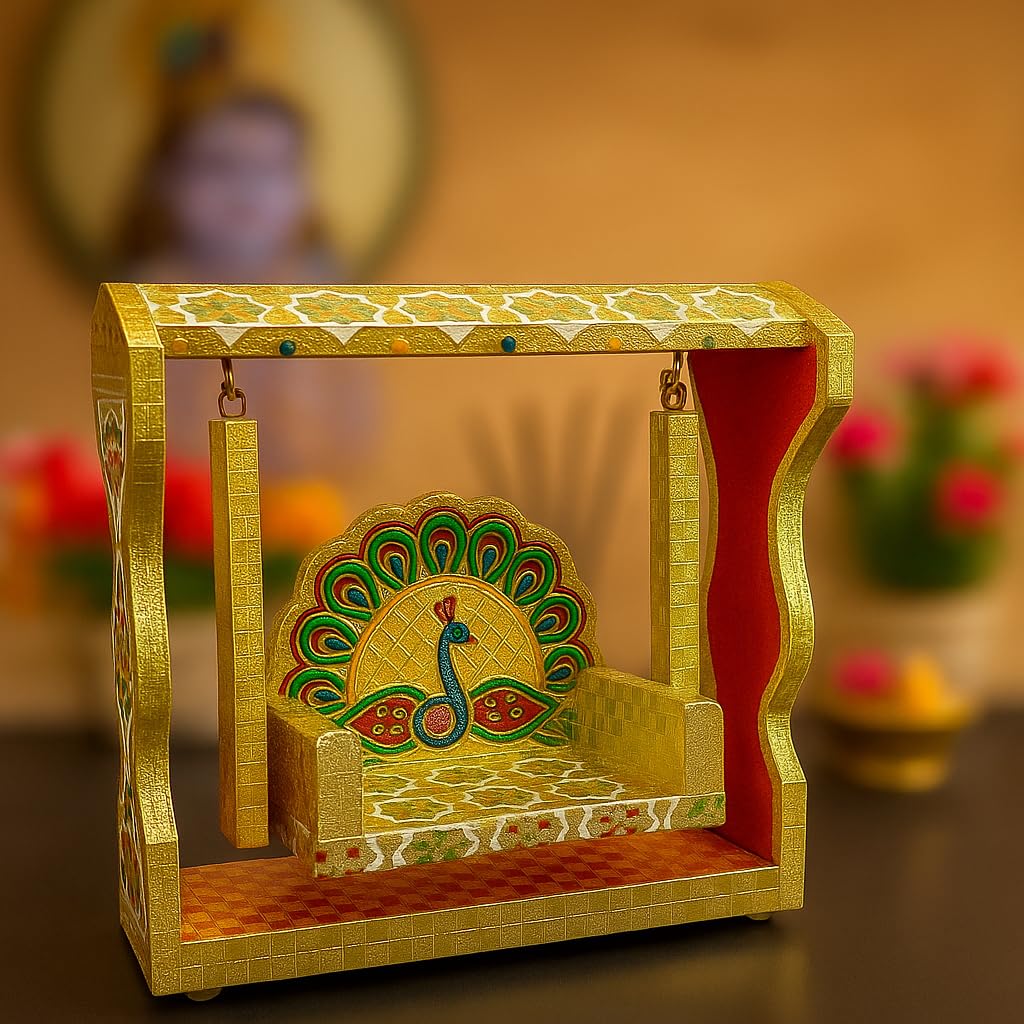 Pranjals House Wooden Multicolour Handcrafted Meenakari Jhula for Laddu Gopal/Bal Gopal/Krishana Jhula/Jhoola/Laddu Gopal 7.25 inch