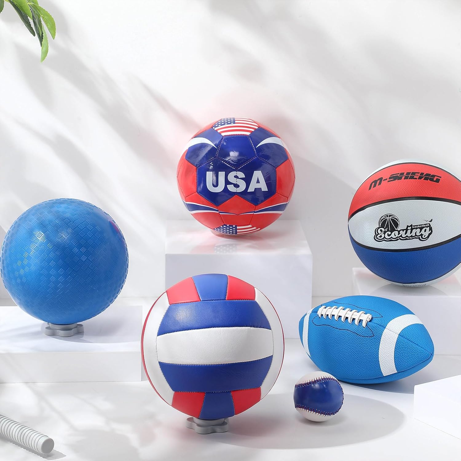 Multi Sport Ball Set Official Size Football, Basketball, Soccer, Volleyball, Playground Ball, Baseball with Equipment Bag Pump for Teen Adult Sports Gift