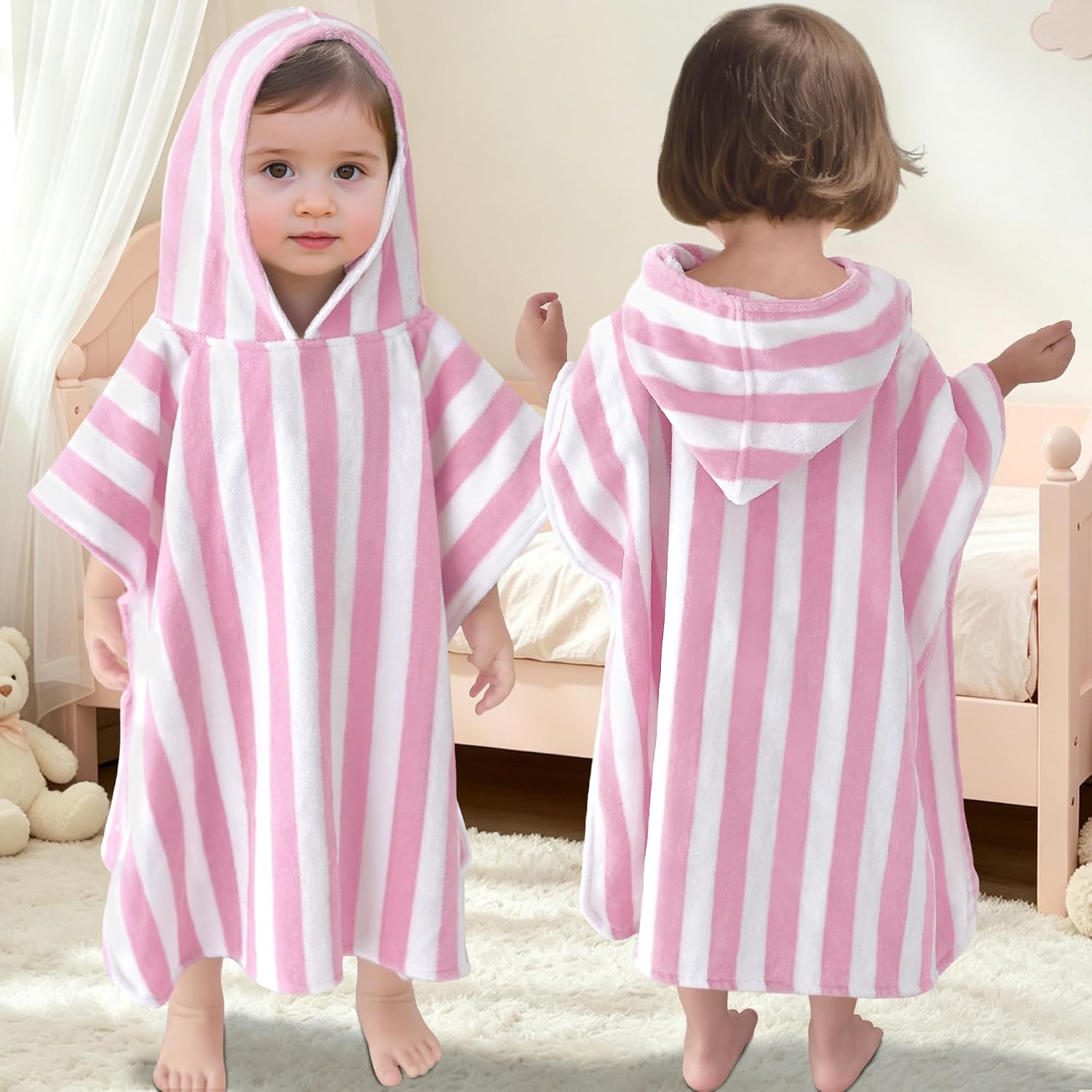 VOOVA & MOVAS Toddler Hooded Poncho Towel 1-3Y,100% Cotton, Pink Stripe