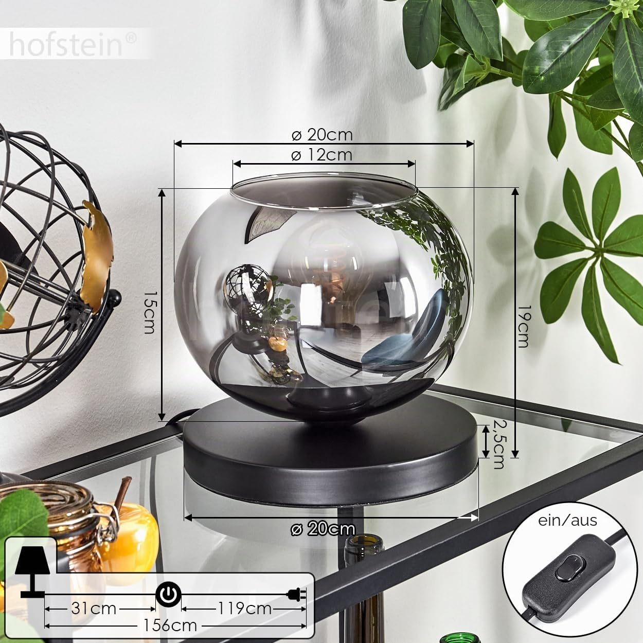 Tischleuchte Apedo, Tischlampe aus Metall/Glas in Schwarz/Rauchfarben, Leuchte im modernen Retro/Vintage-Design mit Schirm aus Glas (Ø 20 cm) u. An/-Auschalter am Kabel, 1 x E27, ohne Leuchtmittel