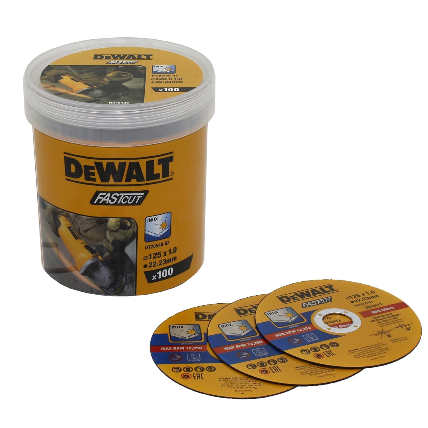 Dewalt High Performance Cutting Discs DT20540 (Diameter 125 mm x 1.0 mm, Type 41 (Flat), Bore 22.23 mm, for Stainless Steel, with Aluminium Oxide, for Use on Angle Grinders, Pack of 100 in Bucket)