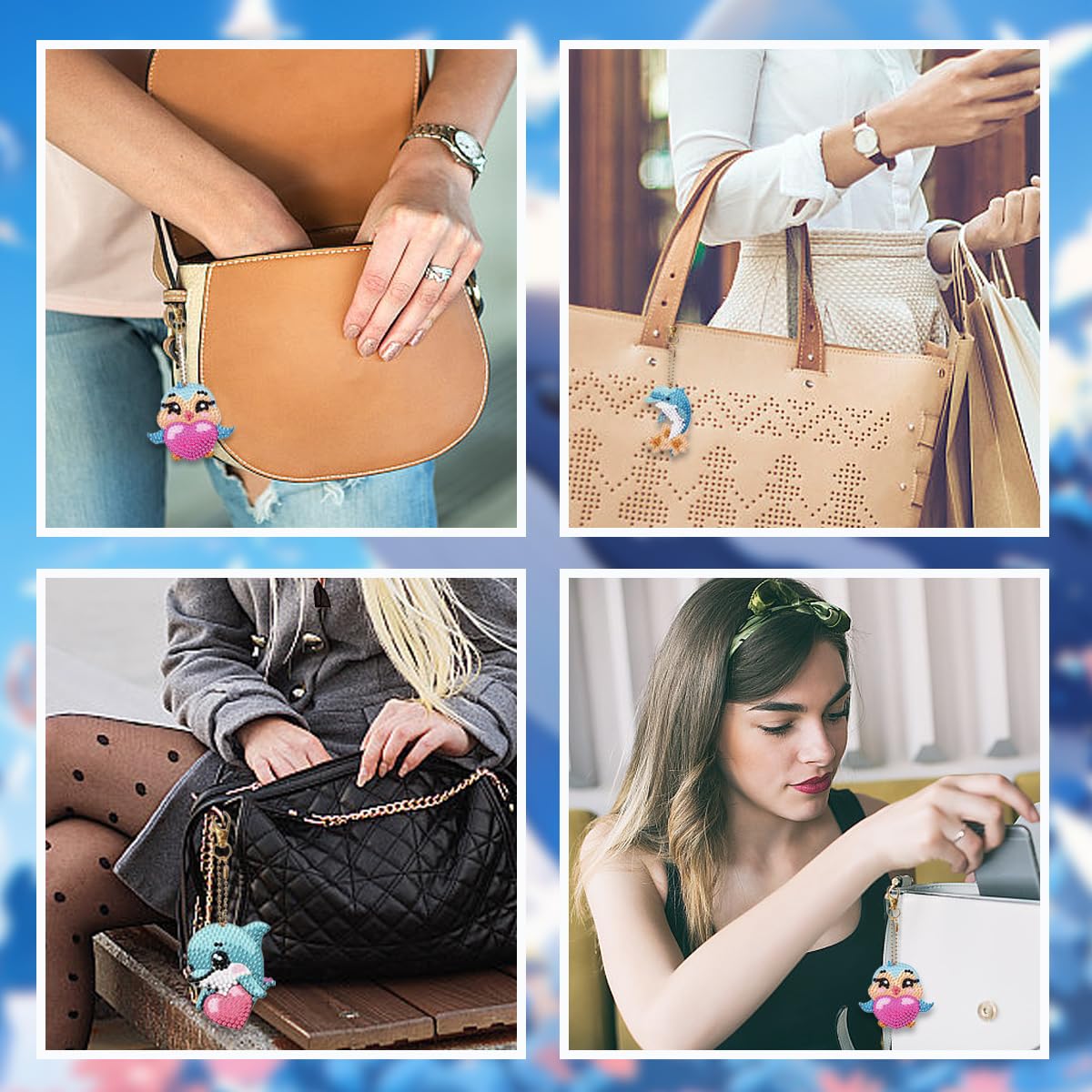 Kit 5 Portachiavi Diamond Painting 5D - Fai Da Te Con Strass E Motivi Delfini - Foto 5