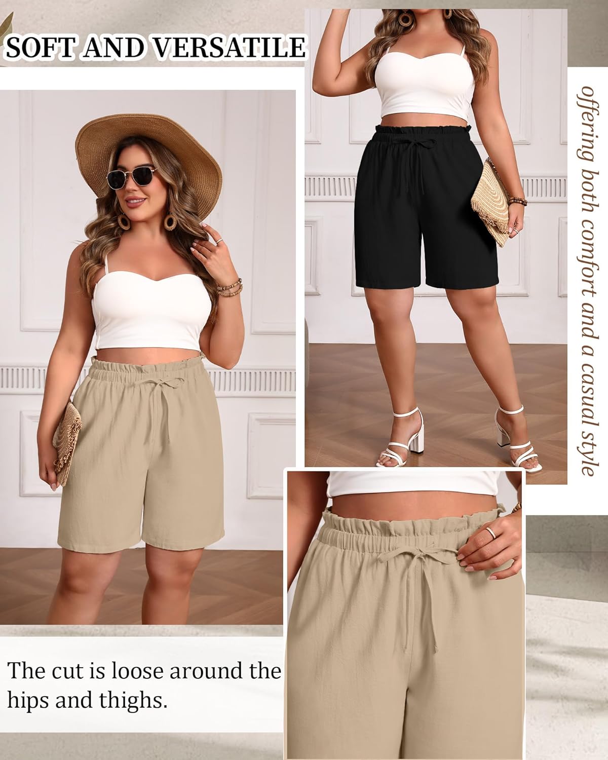2 Pack Women's Casual Linen Shorts Bermuda Plus Size L-5xl Knee Length High Waist Summer Shorts with Pockets - Image 5