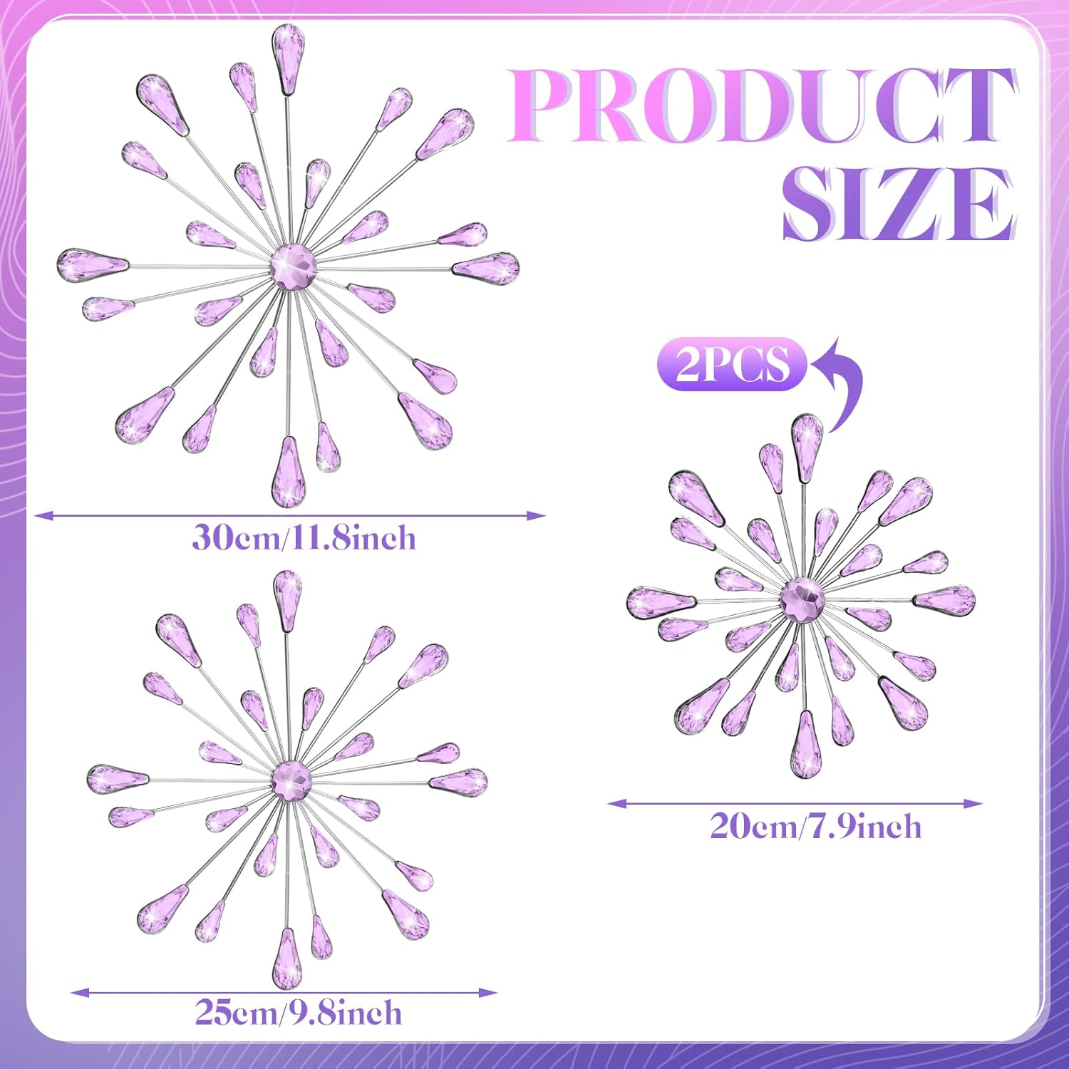 Hicarer 4 Pcs Starburst Wall Decor Bling Wall Art Crystal Teardrop 3D Hanging Rhinestone Radial Metal Artwork Modern Accent Sculptures Decorations for Living Room Home Office Bedroom(Purple)