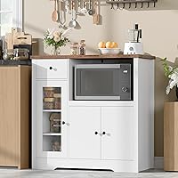 GarveeHome Microwave Cabinet with Glass Doors, Drawers & Adjustable Shelf - Modern White Buffet Sideboard for Kitchen Storage