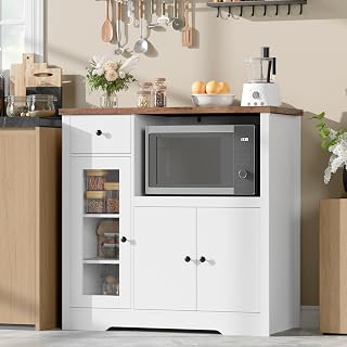 GarveeHome Microwave Cabinet with Glass Doors, Drawers & Adjustable Shelf - Modern White Buffet Sideboard for Kitchen Storage