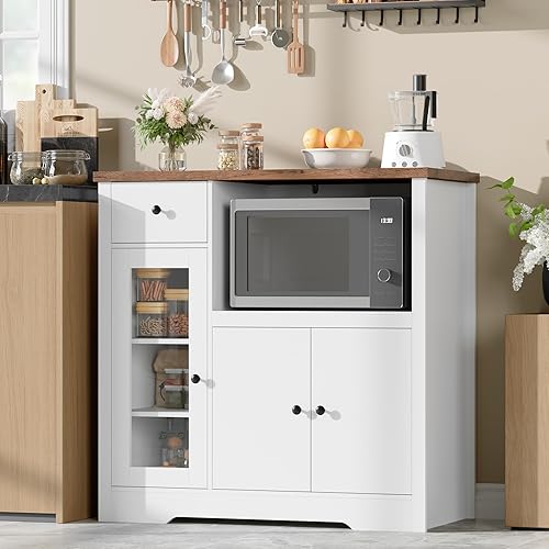 GarveeHome Kitchen Microwave Cabinet with Storage and Drawers, Modern Small Buffet Cabinet with Glass Doors and Adjustable Shelf, Wooden Sideboard with Wide Top for Dining Room, Living Room, White ﻿