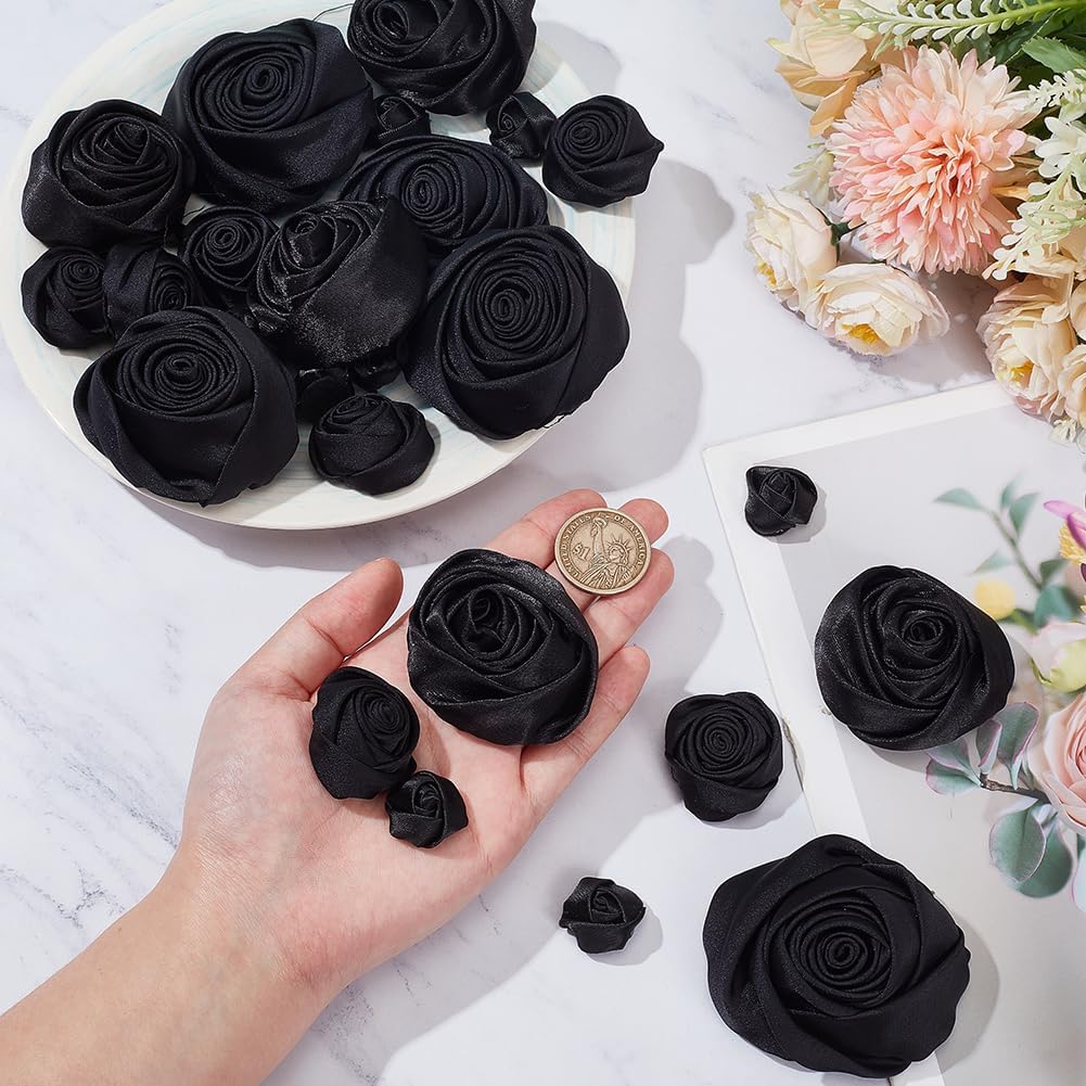 WADORN 26Pcs 3D Rose Flower Applique, 4 Sizes Satin Fabric Floral Sew Iron on Patches Blooming Flower Bud Applique for DIY Sewing Craft Embroidery Clothes Wedding Dress Decoration Patches, Black