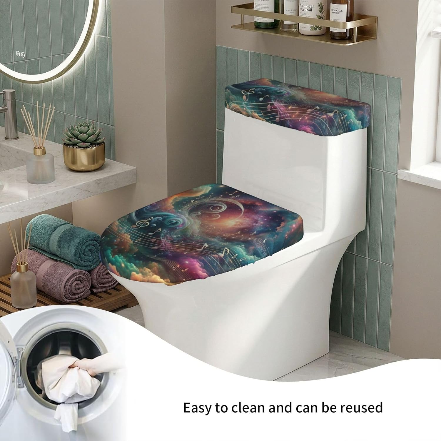 Music-Notes-Floating-Space Toilet Lid Cover And Tank Cover Set Of 2, Stretch Soft Reusable Bathroom Toilet Seat Covers image 5