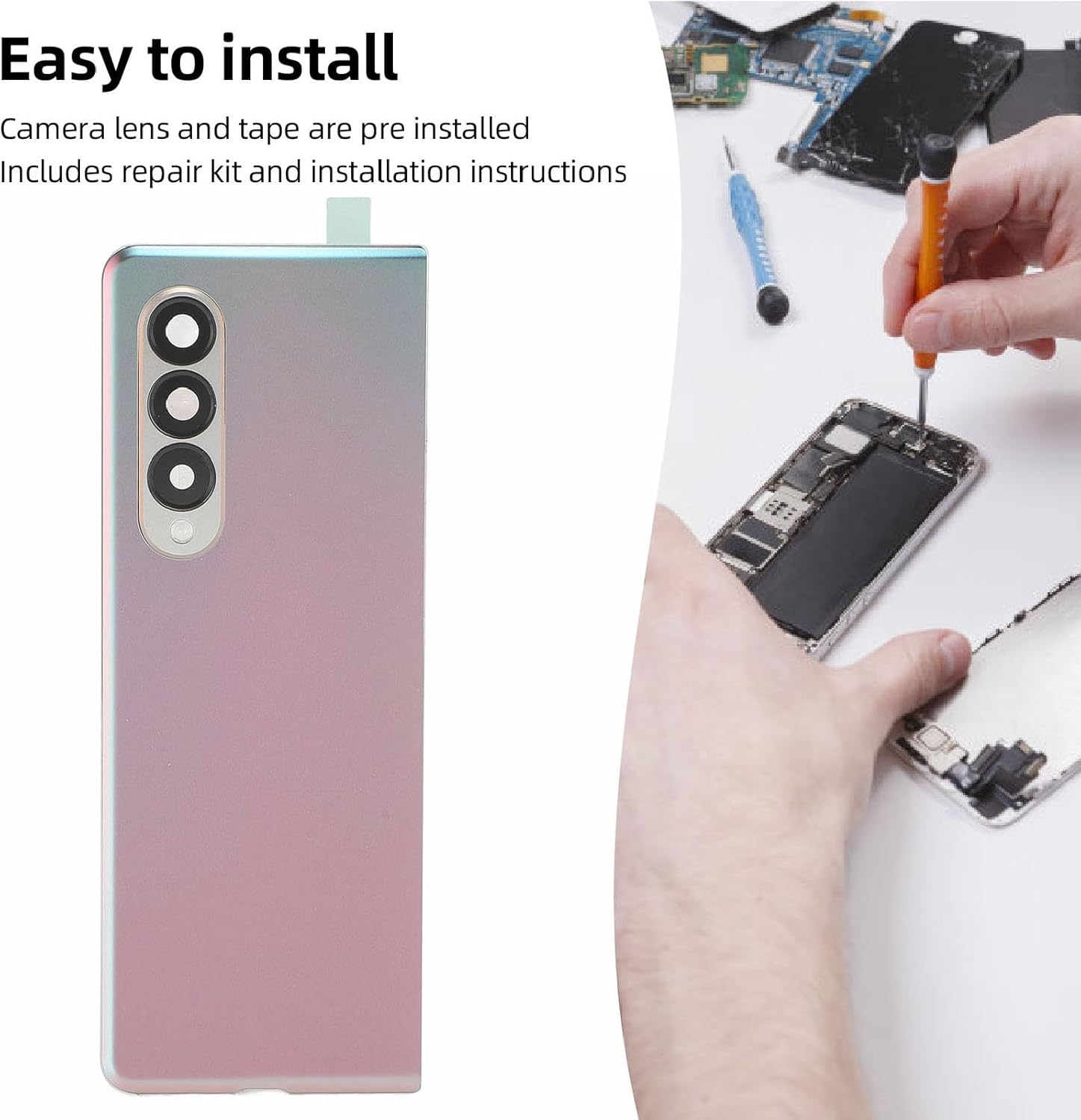 Phone Back Glass Cover Replacement for Z Fold 3 5G F926, Back Cover Housing Battery Door Glass with Camera Glass Lens Tape Parts Professional Repair Tool Kit (Black)