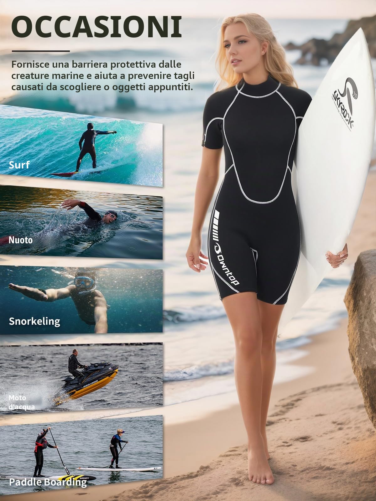 Owntop Muta Shorty 3/2mm Donna - Muta con Zip Posteriore per Immersioni Surf, Mute da Immersione a Maniche Corte in Neoprene Elasticizzato per Sport Acquatici, Donna Nero M
