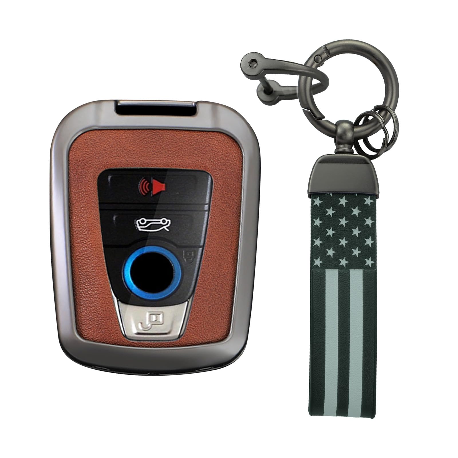 KUNIO PU Leather+Zinc Alloy 4 Button Smart Key Fob Cover Case Fit for BMW 2014-2019 I3 2014-2020 I8 Keyless Key Holder with USA Flag Keychain Car Accessory A Gun Brown