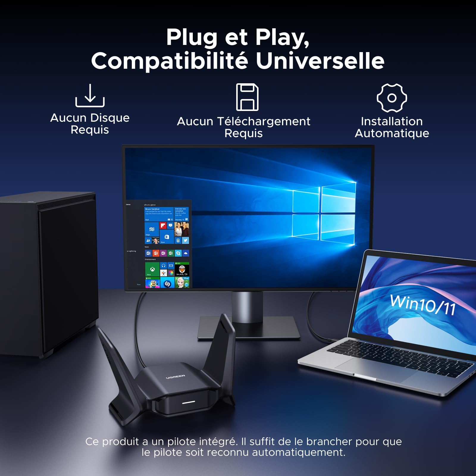 UGREEN Clé WiFi 7 BE6500 Puissante Adaptateur USB sans Fil Tri-Bande 6GHz 5GHz 2.4GHz Dongle USB WiFi Réseau Soft AP Mode Cryptage WPA3 Pilote Intégré Compatible avec Windows 11 10