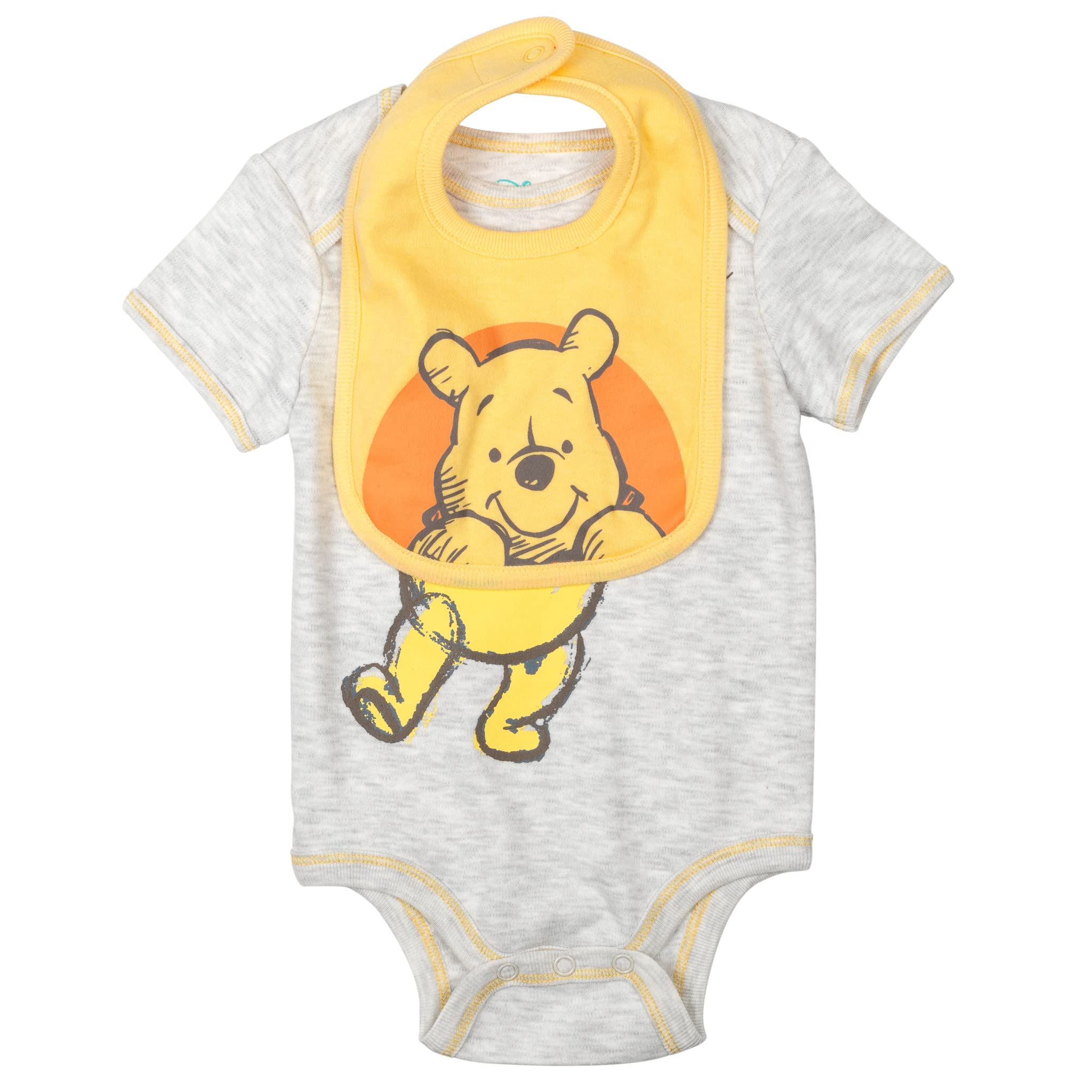 Disney Winnie Puuh Baby-Body, Hose, Lätzchen und Mütze, 4-teiliges Outfit-Set, Neugeborene bis Säuglinge