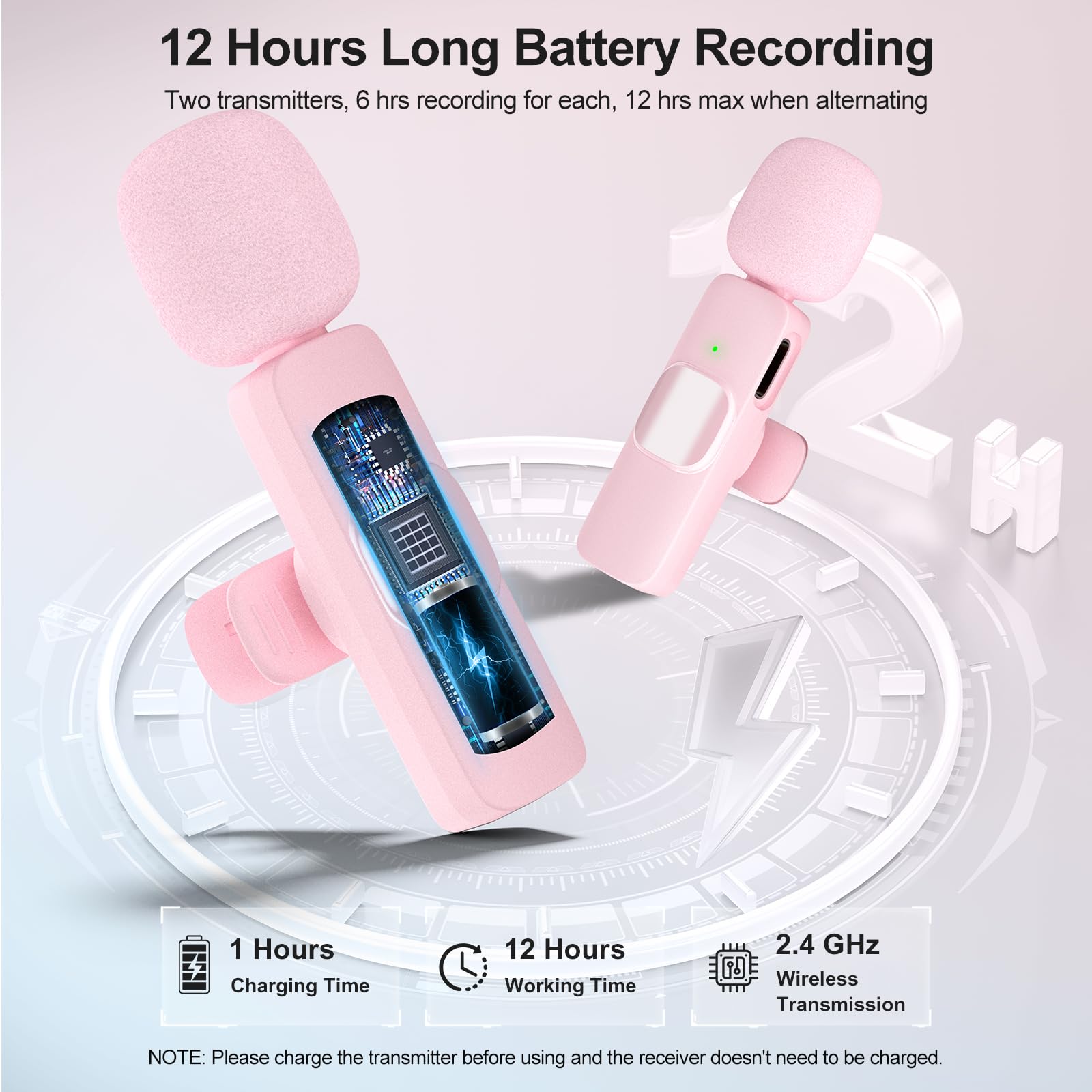 PoP voice Wireless Lavalier Microphone for iPhone/Android - Mini Clip-On Mic with Noise Cancellation, 65ft Range, 12H Battery, Lapel Mic for Record Video, Podcast Vlog Content Creator Interview: Pink