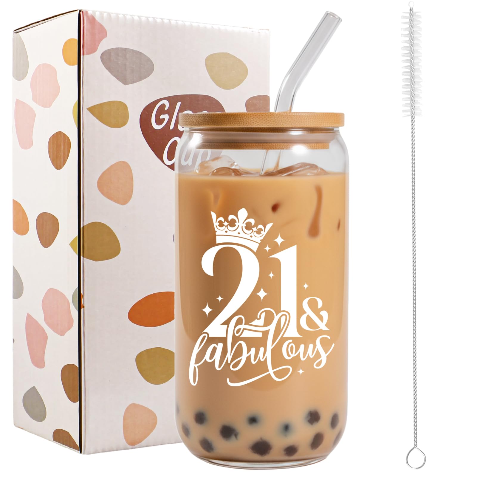 Bliceon 21st Birthday Gifts for Girls, 21st Birthday Iced Coffee Cup, 16oz Glass Cups with Lids and Straws for Daughter, Sister, Best Friend, Granddaughter, 21 Year Old Girl — image 1