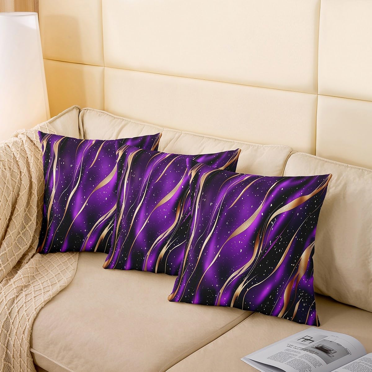 Golden Purple Stripes Throw Pillow Covers 24x24 Inch Set of 2 Glitter Gradient Neon Light Lines Pillow Cases for Kids Teens Adults Watercolor Dreamy Graffiti Modern Cushion Covers for Office Sofa