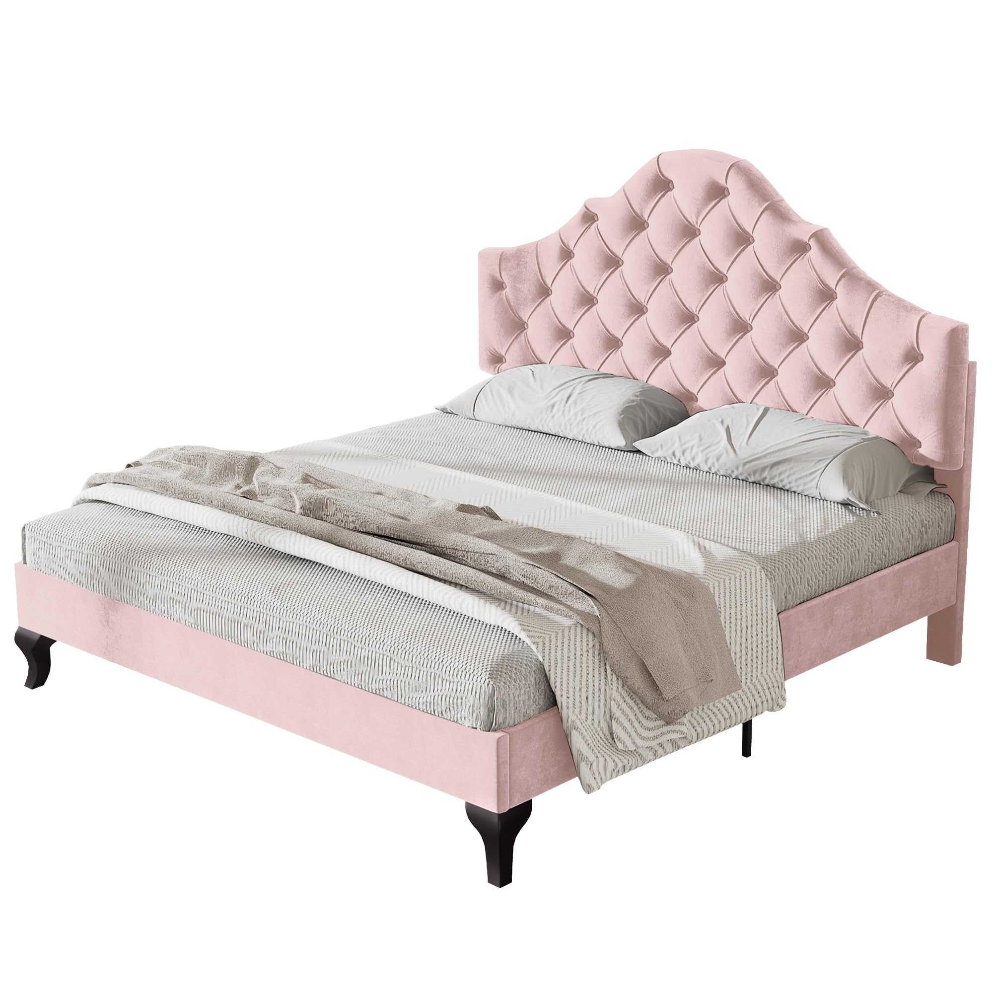 YiianndaUpholstered bed 135 * 190 with slatted frame and headboard, Upholstered bed with height-adjustable headboard, Youth bed, Single bed, Wooden slat support, Easy assembly (Pink 135 * 190)