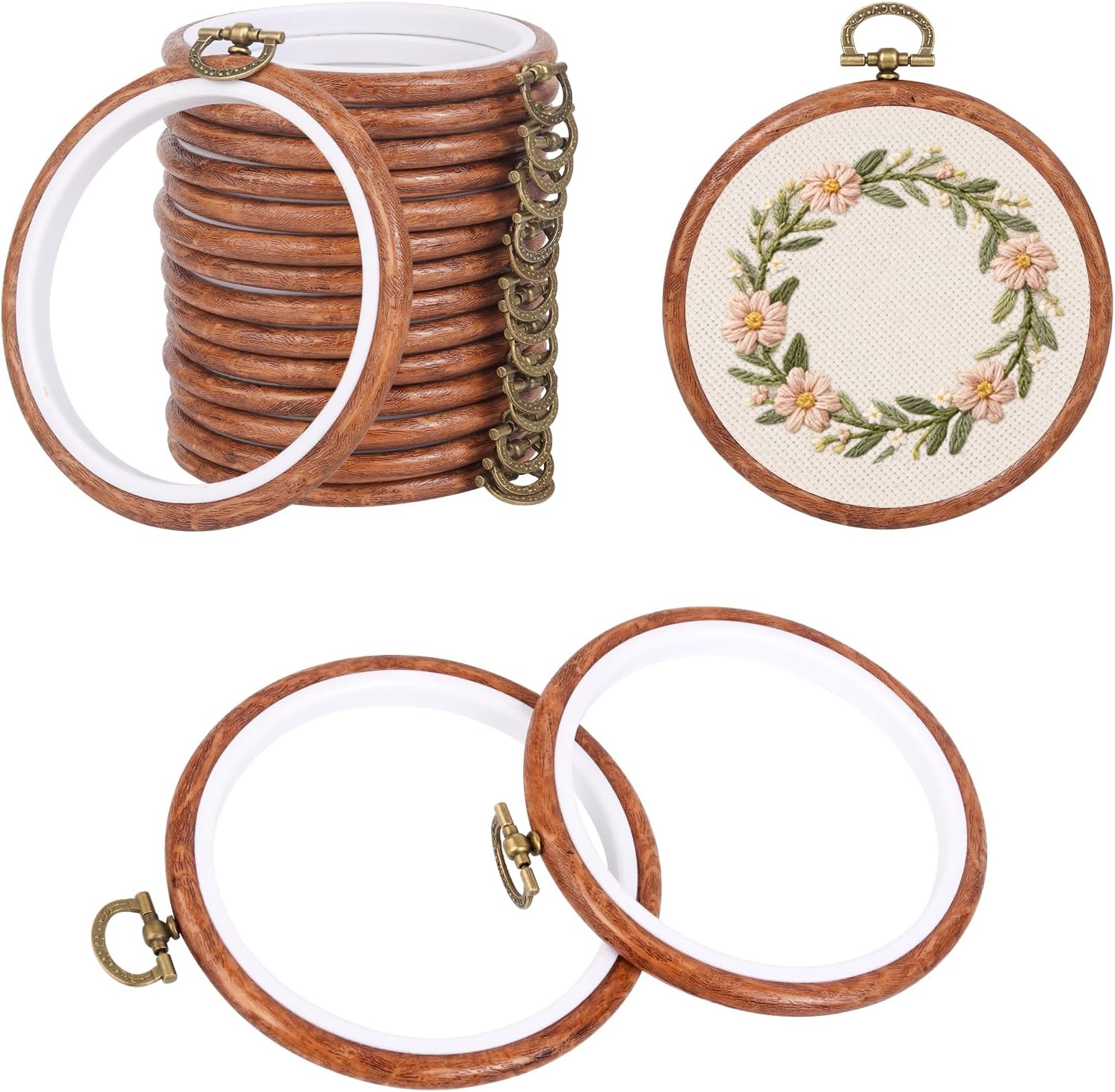 15 Pcs 4 Inch Embroidery Hoops Bulk, Vintage Imitated Wood Round Frame for DIY Craft, Cross Stitch Display, Hanging Ornament for Home and Holiday Decor