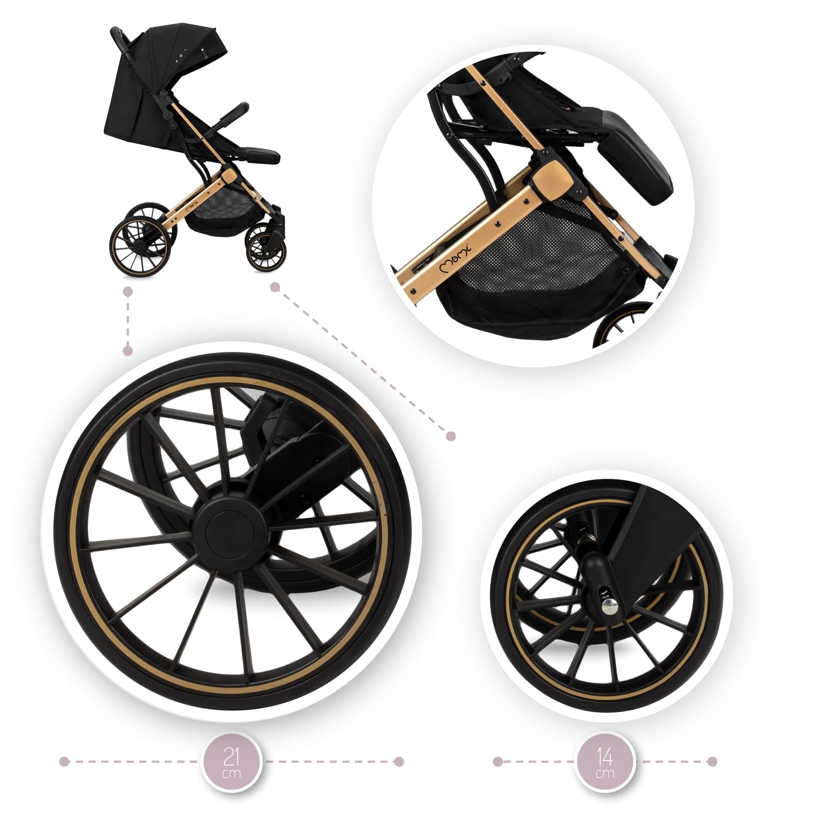 Poussette MoMi ESTELLE DAKAR à partir de 6 mois (jusqu'à 22 kg), poussette pliante avec harnais de sécurité 5 points, panier de courses avec fonction de dépliage, poignée télescopique de traction